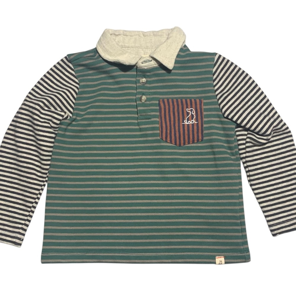 ME & HENRY Green + Gray Striped Boy's Collared Long Sleeve Rugby Shirt 3/4 Y